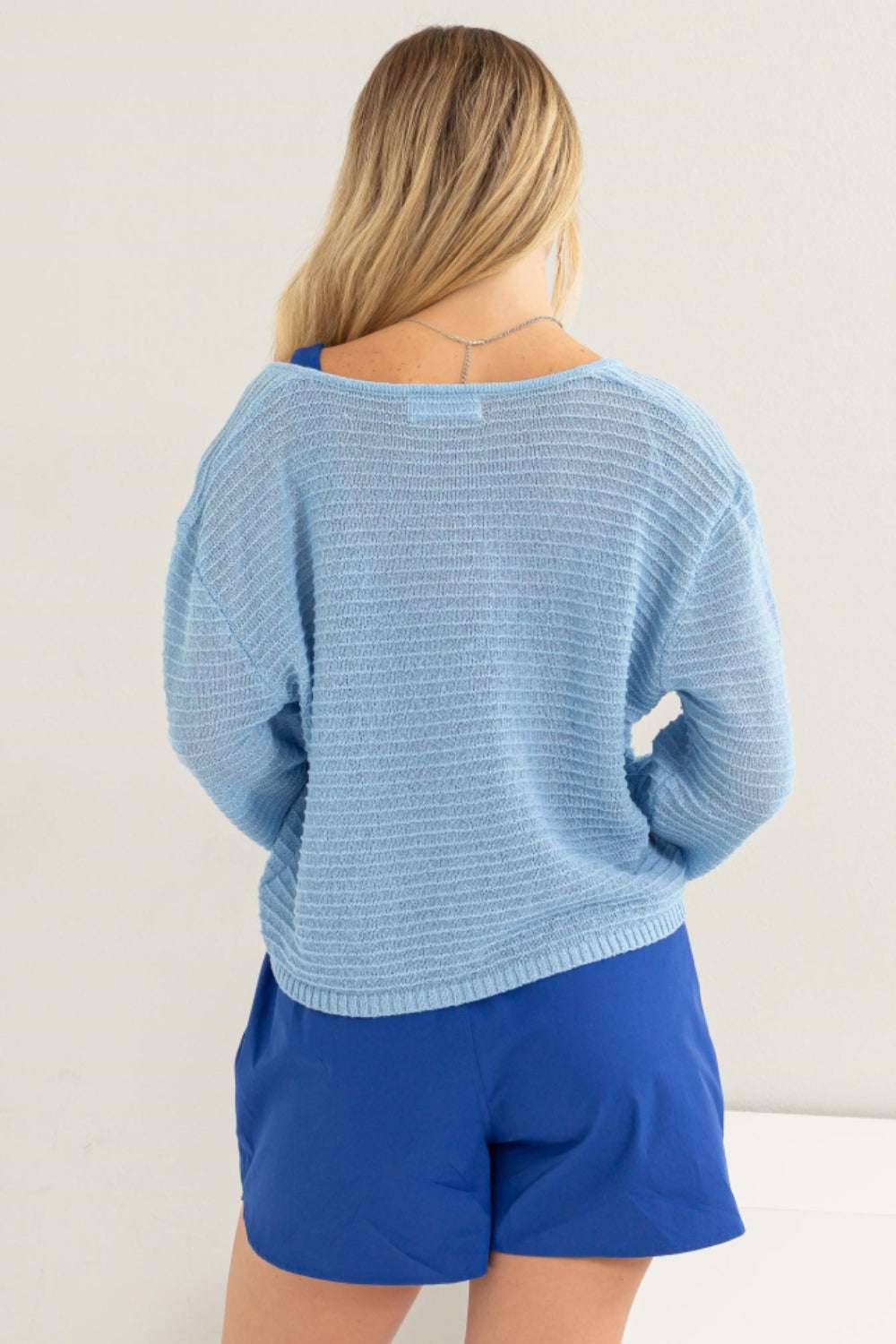 -Neck Texture Long Sleeve Top