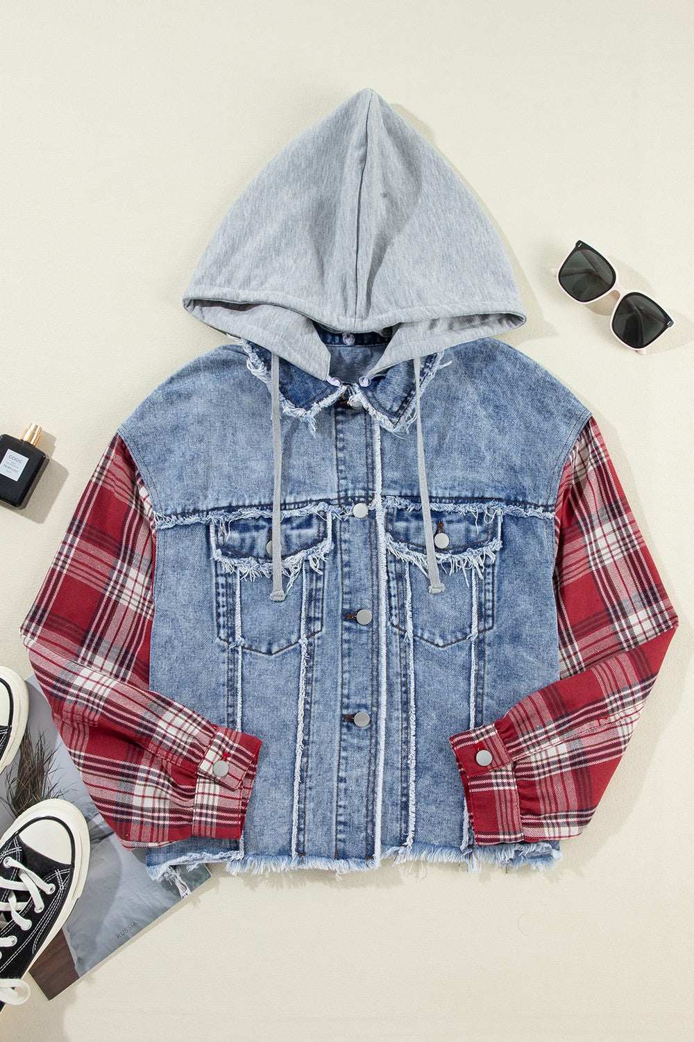 Raw Hem Plaid Denim Jacket