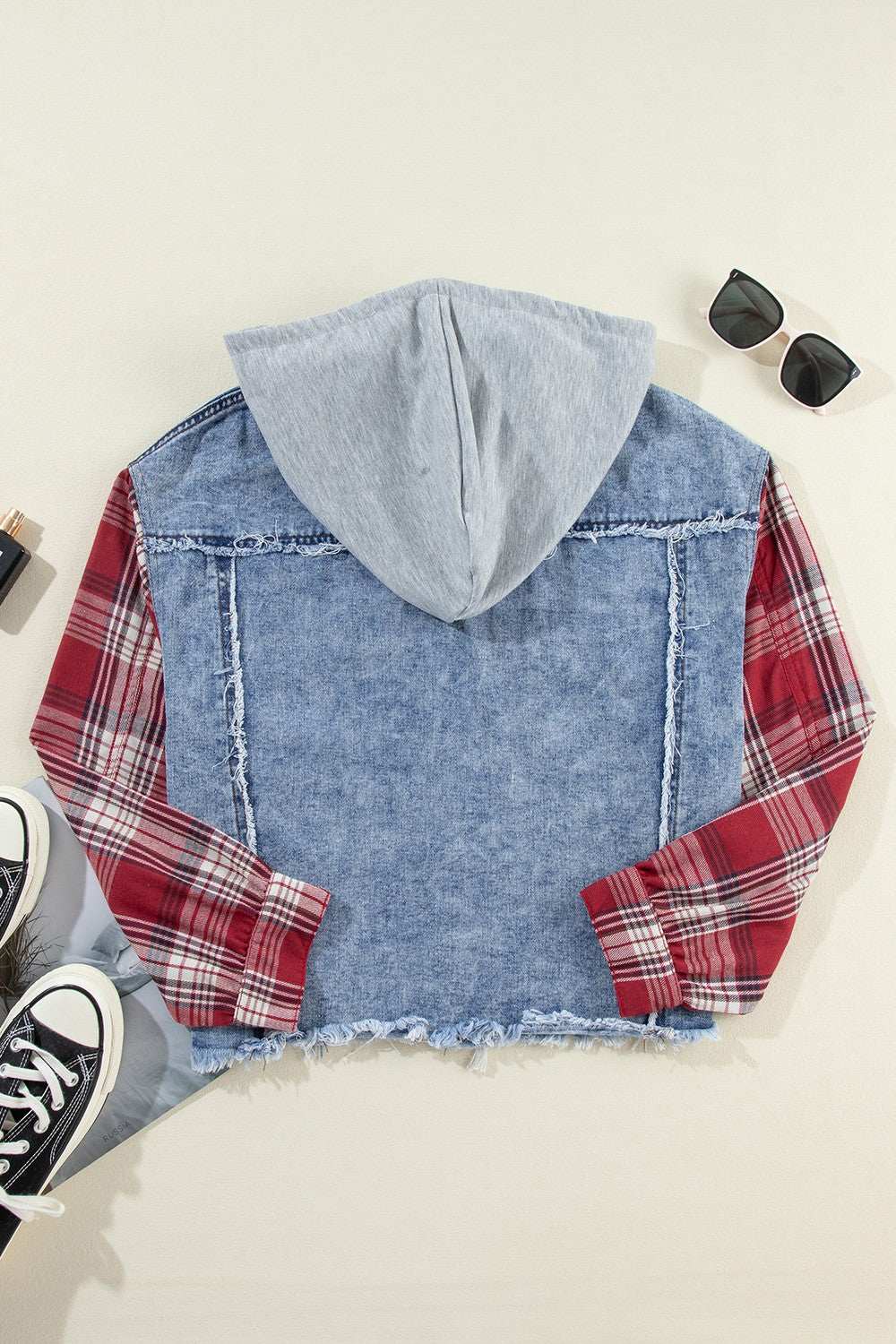 Raw Hem Plaid Denim Jacket