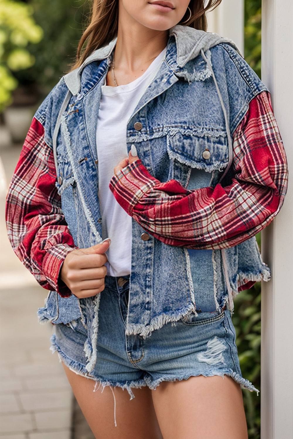 Raw Hem Plaid Denim Jacket