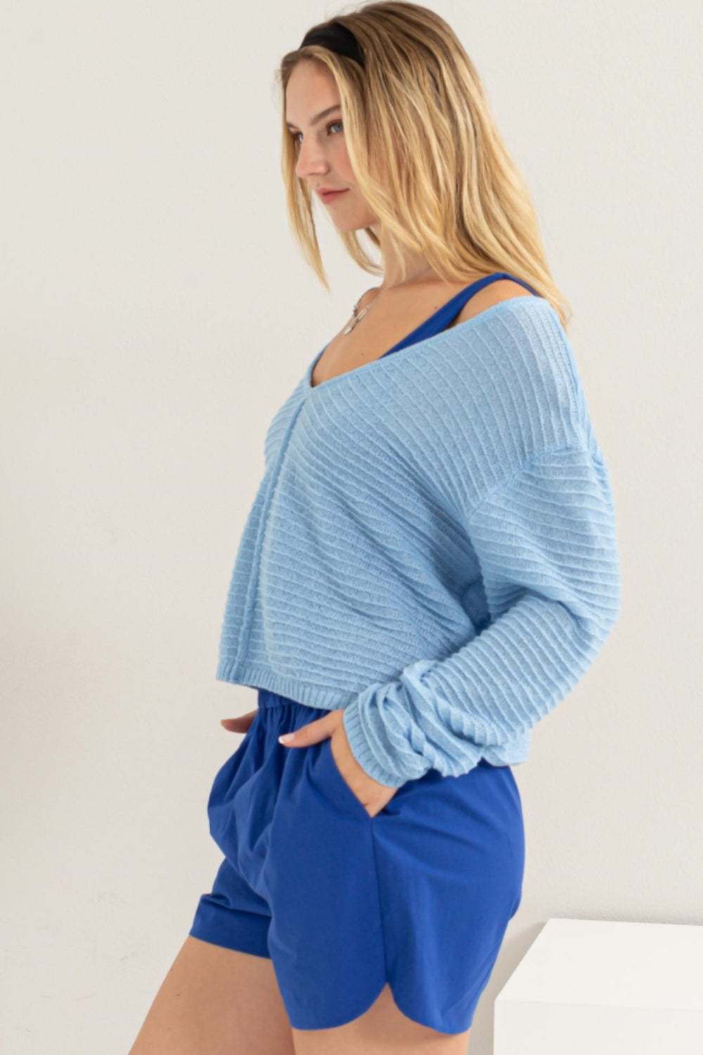 -Neck Texture Long Sleeve Top